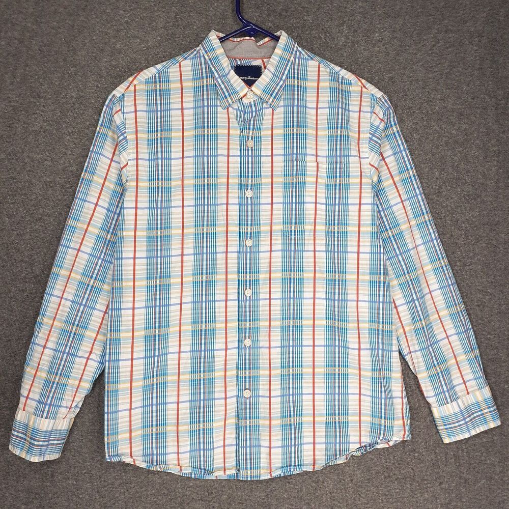 Tommy Bahama button up shirt Mens L white blue red plaid long sleeve cotton silk